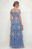 Vestido Comprido Azul Acinzentado Brilhante com Aplicações e Folhos para a Mãe da Noiva