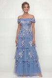 Vestido Comprido Azul Acinzentado Brilhante com Aplicações e Folhos para a Mãe da Noiva