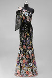 Vestido de Convidado de Casamento Longo com Bordado Floral Preto de Um Ombro Assimétrico