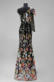 Vestido de Convidado de Casamento Longo com Bordado Floral Preto de Um Ombro Assimétrico