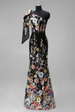 Vestido de Convidado de Casamento Longo com Bordado Floral Preto de Um Ombro Assimétrico