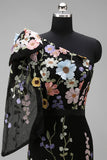 Vestido de Convidado de Casamento Longo com Bordado Floral Preto de Um Ombro Assimétrico