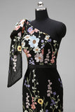 Vestido de Convidado de Casamento Longo com Bordado Floral Preto de Um Ombro Assimétrico