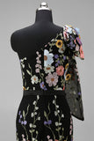 Vestido de Convidado de Casamento Longo com Bordado Floral Preto de Um Ombro Assimétrico