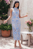 Vestido de Convidado de Casamento Longo, Bodycon Corte de Renda Azul, Decote Longo Bodycon, Bodycon