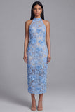 Vestido de Convidado de Casamento Longo, Bodycon Corte de Renda Azul, Decote Longo Bodycon, Bodycon