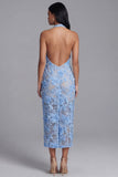 Vestido de Convidado de Casamento Longo, Bodycon Corte de Renda Azul, Decote Longo Bodycon, Bodycon