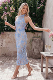 Vestido de Convidado de Casamento Longo, Bodycon Corte de Renda Azul, Decote Longo Bodycon, Bodycon