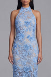 Vestido de Convidado de Casamento Longo, Bodycon Corte de Renda Azul, Decote Longo Bodycon, Bodycon