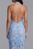 Vestido de Convidado de Casamento Longo, Bodycon Corte de Renda Azul, Decote Longo Bodycon, Bodycon