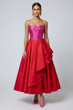 Vestido Cerimónia Longo Sem Alças em Linha A com Folhos em Tons de Fúcsia e Vermelho