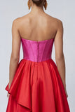 Vestido Cerimónia Longo Sem Alças em Linha A com Folhos em Tons de Fúcsia e Vermelho