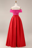 Vestido de Cerimónia Midi com Ombro a Ombro em fúcsia e Vermelho com Bolsos