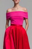 Vestido de Cerimónia Midi com Ombro a Ombro em fúcsia e Vermelho com Bolsos