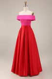 Vestido de Cerimónia Midi com Ombro a Ombro em fúcsia e Vermelho com Bolsos