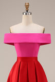 Vestido de Cerimónia Midi com Ombro a Ombro em fúcsia e Vermelho com Bolsos