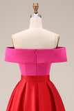 Vestido de Cerimónia Midi com Ombro a Ombro em fúcsia e Vermelho com Bolsos