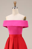 Vestido de Cerimónia Midi com Ombro a Ombro em fúcsia e Vermelho com Bolsos