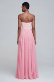 Vestido de Cerimónia Longo Rosa Sem Alças com Linha-A e Drapeado