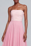 Vestido de Cerimónia Longo Rosa Sem Alças com Linha-A e Drapeado