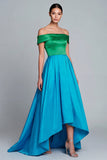 Vestido de Cerimónia Assimétrico Verde e Azul com Ombros a Ombro e Linha-A
