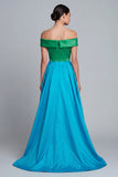 Vestido de Cerimónia Assimétrico Verde e Azul com Ombros a Ombro e Linha-A