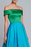 Vestido de Cerimónia Assimétrico Verde e Azul com Ombros a Ombro e Linha-A
