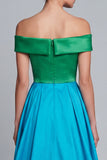 Vestido de Cerimónia Assimétrico Verde e Azul com Ombros a Ombro e Linha-A