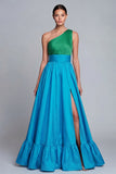 Vestido de Cerimónia Comprido Verde e Azul com Um Ombro e Fenda Linha-A