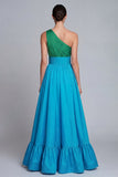 Vestido de Cerimónia Comprido Verde e Azul com Um Ombro e Fenda Linha-A