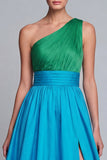 Vestido de Cerimónia Comprido Verde e Azul com Um Ombro e Fenda Linha-A
