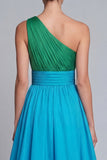 Vestido de Cerimónia Comprido Verde e Azul com Um Ombro e Fenda Linha-A