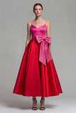Vestido Midi de Cetim Fúcsia e Vermelho em Linha-A para Cerimónia com Laço