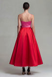 Vestido Midi de Cetim Fúcsia e Vermelho em Linha-A para Cerimónia com Laço