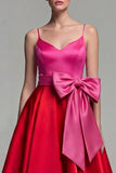 Vestido Midi de Cetim Fúcsia e Vermelho em Linha-A para Cerimónia com Laço
