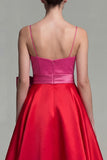 Vestido Midi de Cetim Fúcsia e Vermelho em Linha-A para Cerimónia com Laço