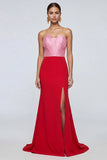 Vestido de Cerimónia Comprido Sereia Rosa e Vermelho com Fenda