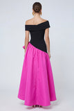 Vestido formal assimétrico com folhos e fúcsia e preto Linha A no ombro