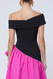 Vestido formal assimétrico com folhos e fúcsia e preto Linha A no ombro