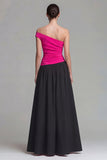 Vestido de Cerimónia Comprido Linha-A Fúcsia e Preto com Um Ombro