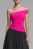 Vestido de Cerimónia Comprido Linha-A Fúcsia e Preto com Um Ombro