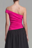 Vestido de Cerimónia Comprido Linha-A Fúcsia e Preto com Um Ombro