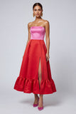 Vestido Midi Rosa e Vermelho de Linha A Sem Alças com Folhos e Racha