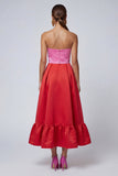 Vestido Midi Rosa e Vermelho de Linha A Sem Alças com Folhos e Racha