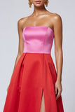 Vestido Midi Rosa e Vermelho de Linha A Sem Alças com Folhos e Racha