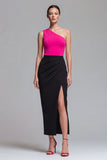 Vestido Midi Justo ao Corpo Rosa e Preto para Cerimónia com Racha