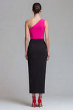 Vestido Midi Justo ao Corpo Rosa e Preto para Cerimónia com Racha