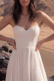 Vestido de Noiva Comprido e Evasé em Chiffon Marfim Sem Alças