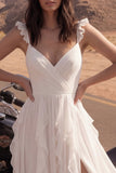 Vestido de Noiva de Praia em Marfim de Marfim com Decote em V e Folhos