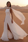 Vestido de Noiva Comprido em Chiffon Marfim com Lenço ao Pescoço e Racha